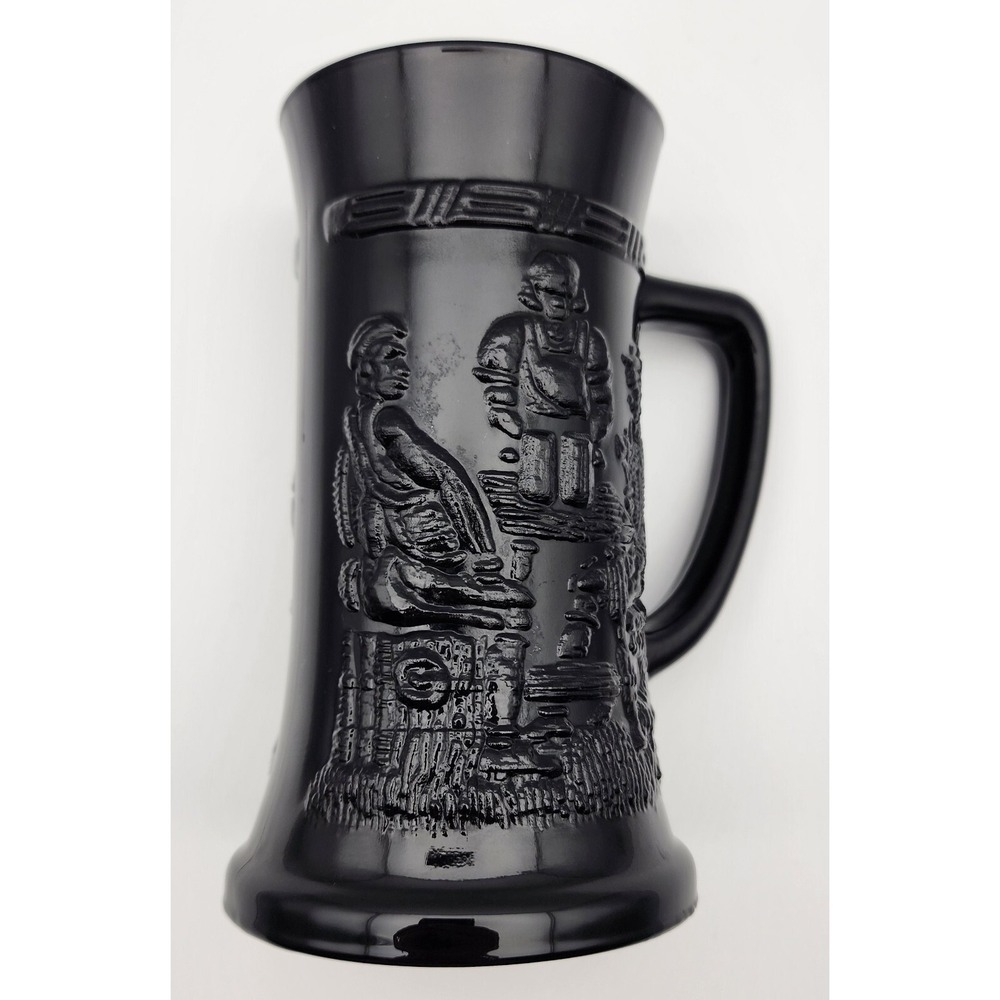 Vintage Indiana Tiara Black Glass Beer Stein Embossed German Scene